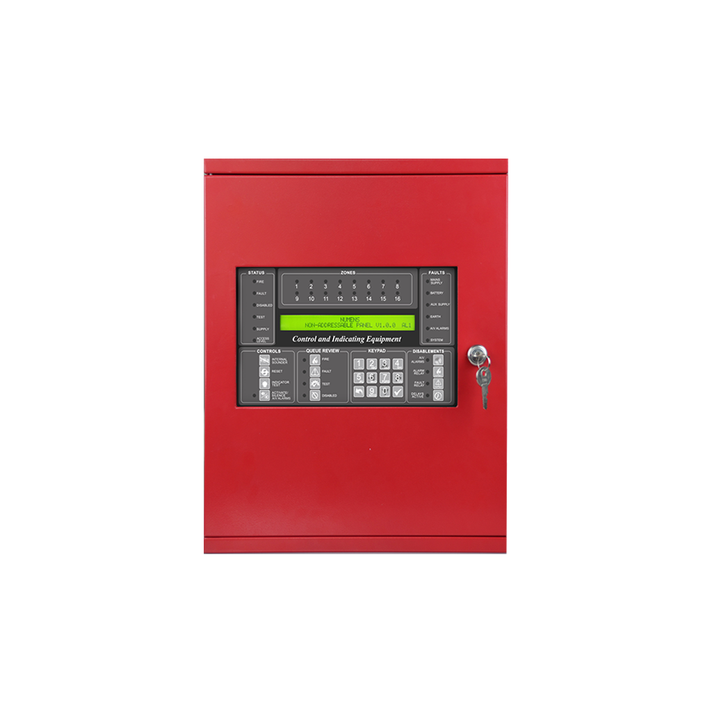 [4004-08] Panel Contra Incendio Convencional, Pantalla LCD, 16 zonas, Carcasa metálica, rojo