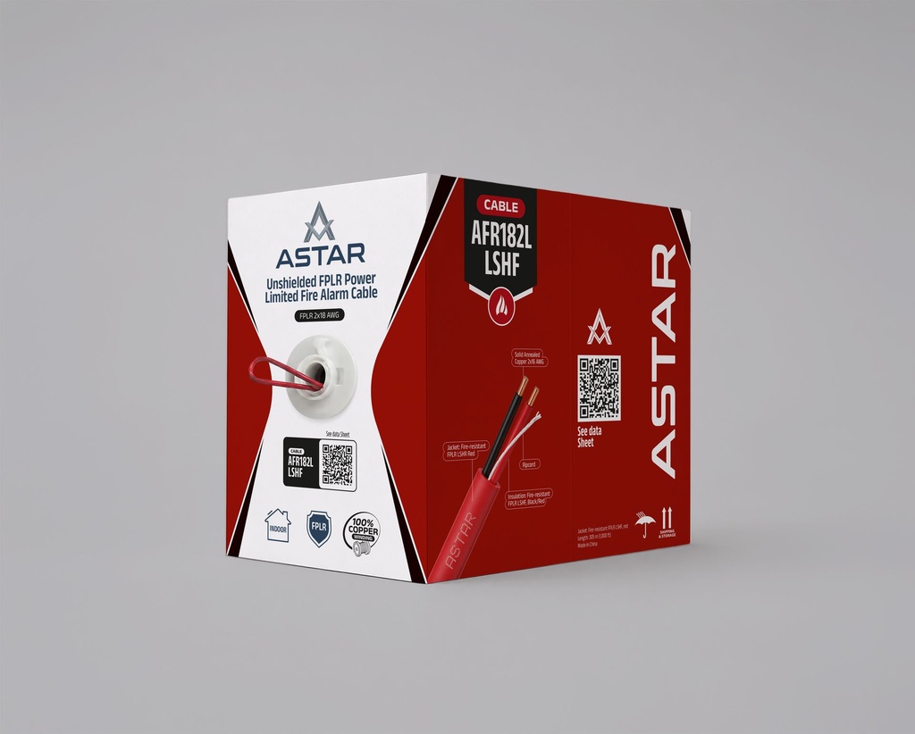 [AFR182L] ASTAR - Cable de alarma contra incendios, 2x18 AWG de potencia limitada FPLR LSHF/LSZH, sin blindaje