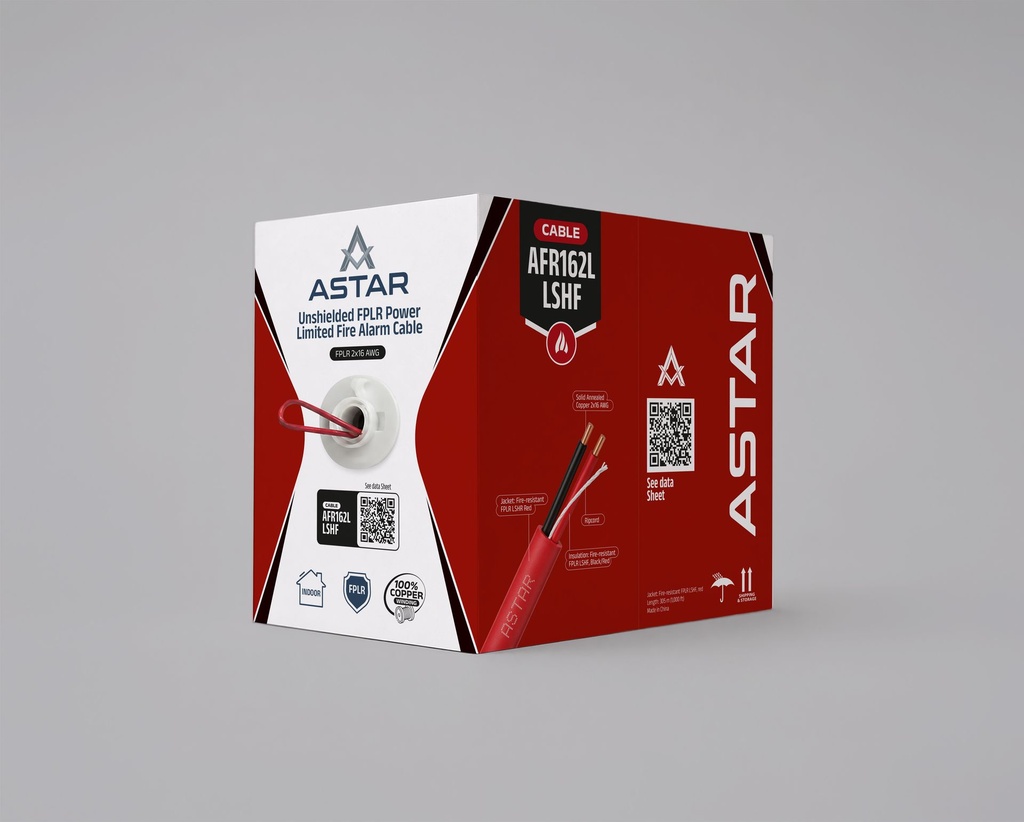 [AFR162L] ASTAR - Cable de alarma contra incendios, 2x16 AWG de potencia limitada FPLR LSHF/LSZH, sin blindaje