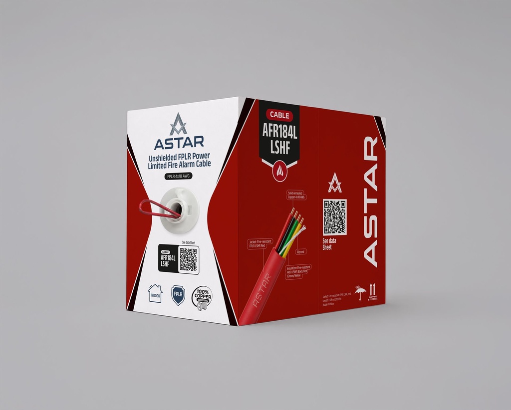 [AFR184L] ASTAR - Cable de alarma contra incendios, 4x18 AWG de potencia limitada FPLR LSHF/LSZH, sin blindaje